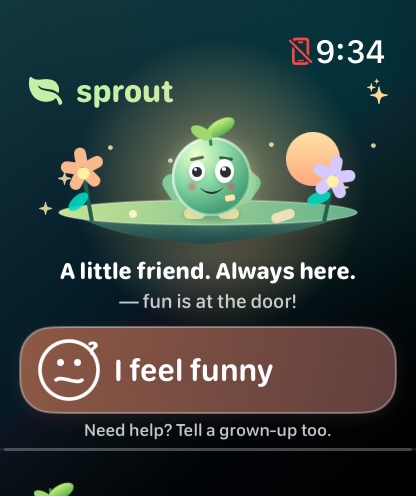 Sprout, the child’s illustrated Watch companion, with an I feel funny button